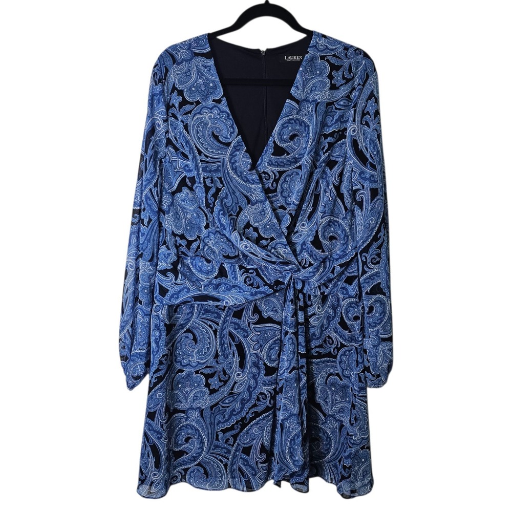 Lauren Ralph Lauren Black‎ Label Blue Paisley Print Mini Dress Chiffon Zip 16